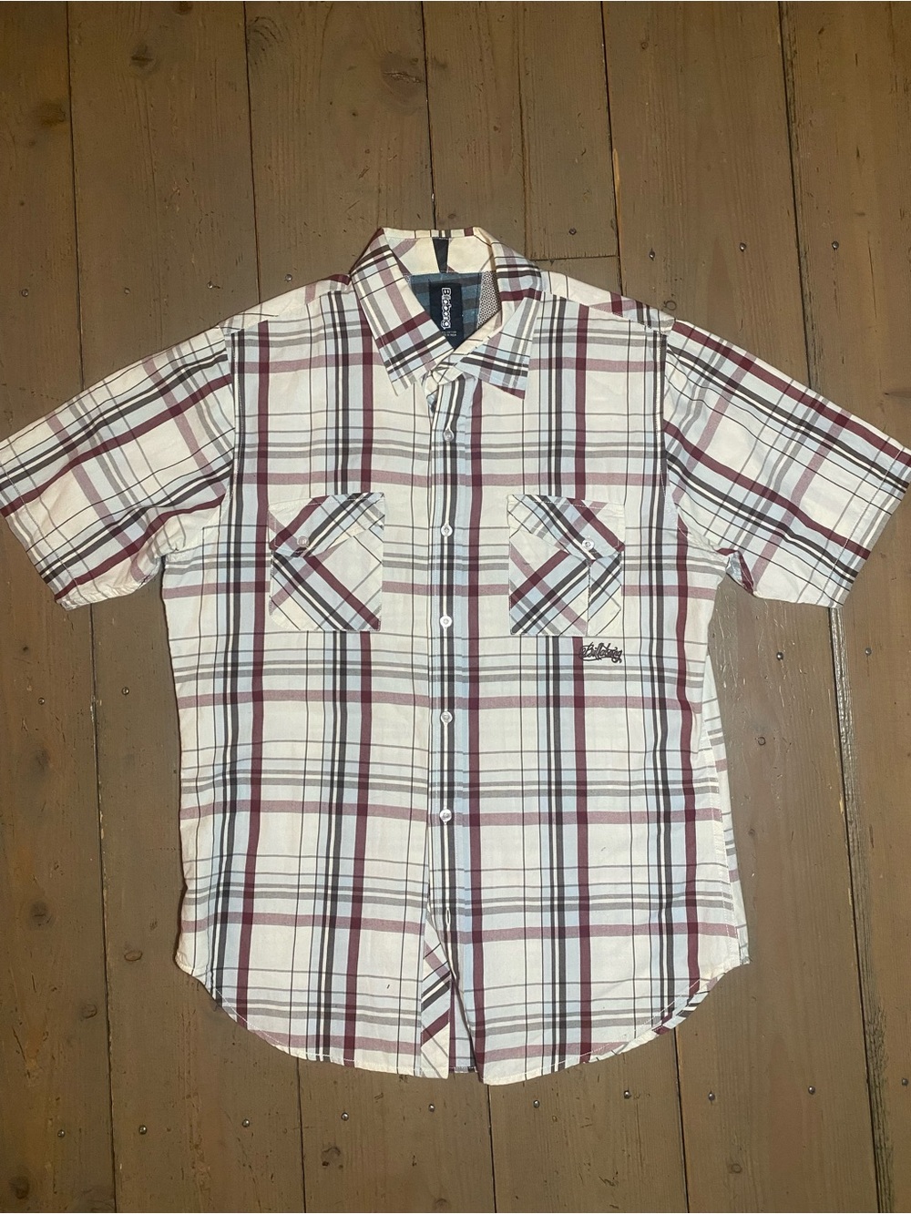 Billabong Men's White and Burgundy Plaid Short-Sleeve Button-Down Shirt